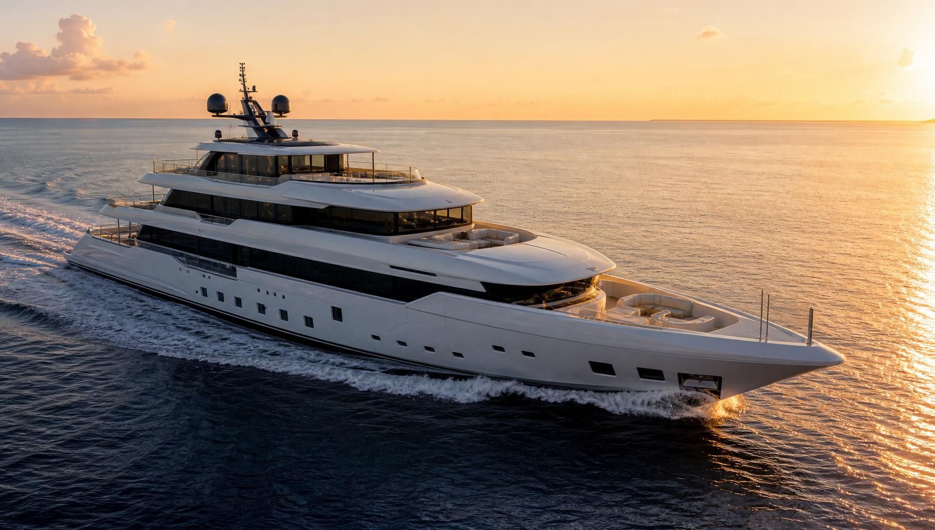 Modern superyacht cruising on calm open sea at golden hour