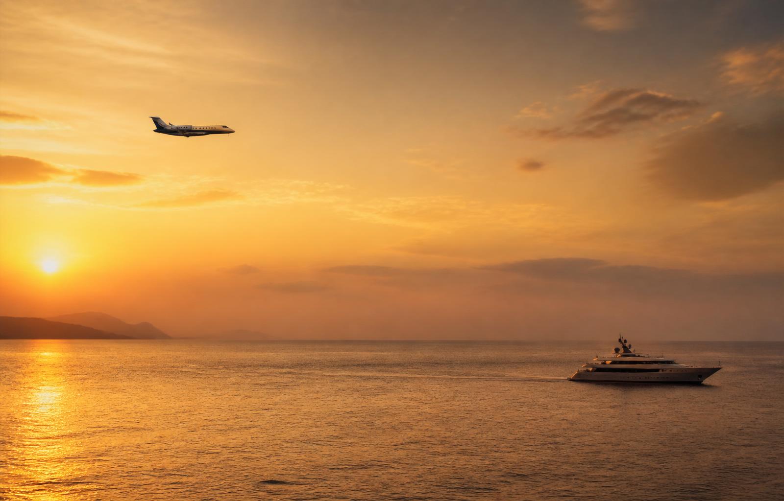 Modern superyacht cruising on calm open sea at golden hour