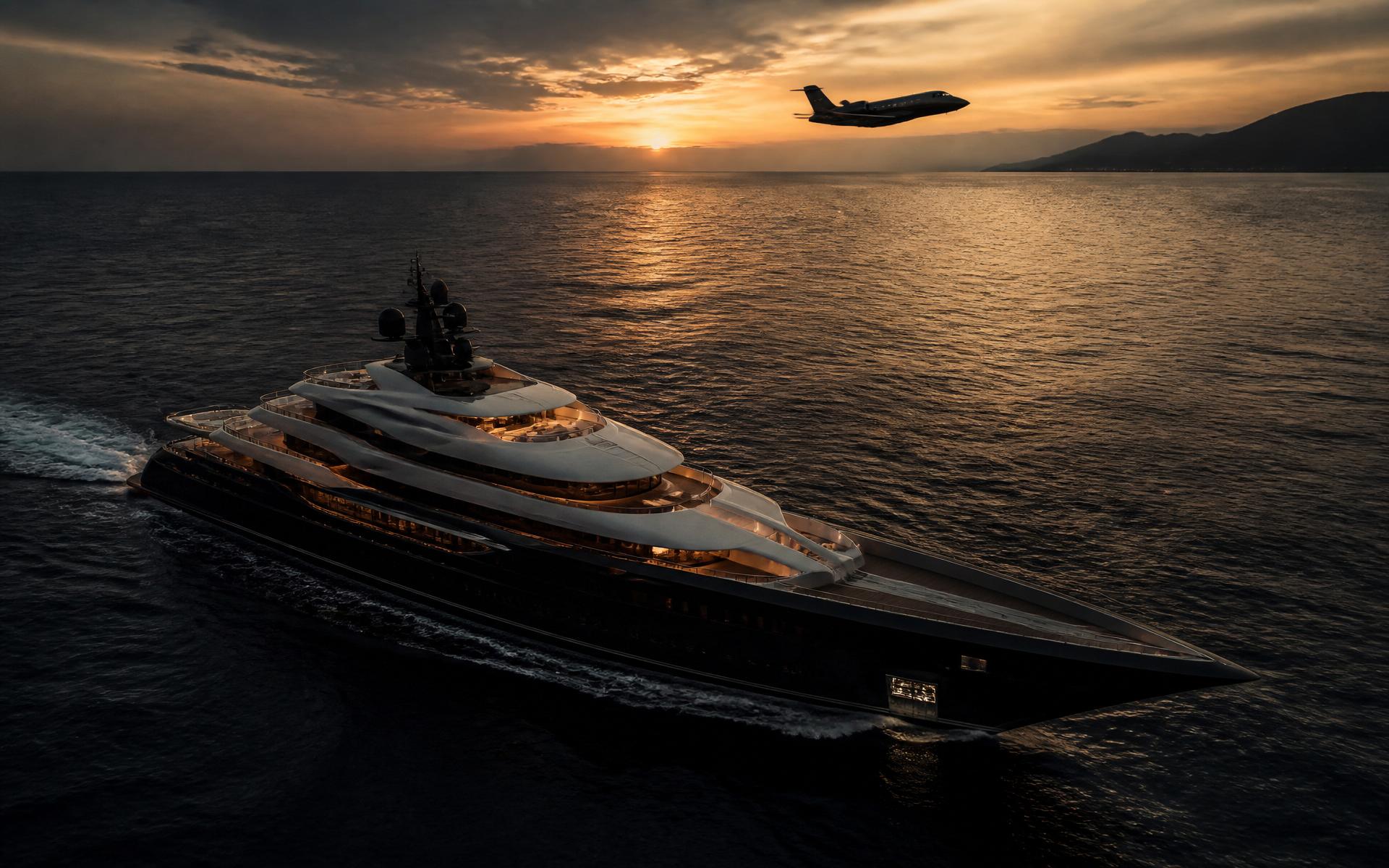 Superyacht at sea with a private jet overhead at golden hour